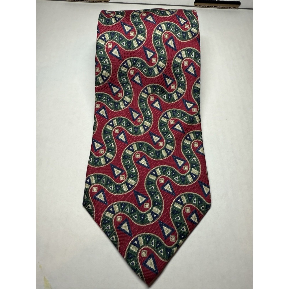 VTG ROBERT TALBOTT Yankee Peddler Silk Tie Made USA Red Geometric Jacquard XLong
